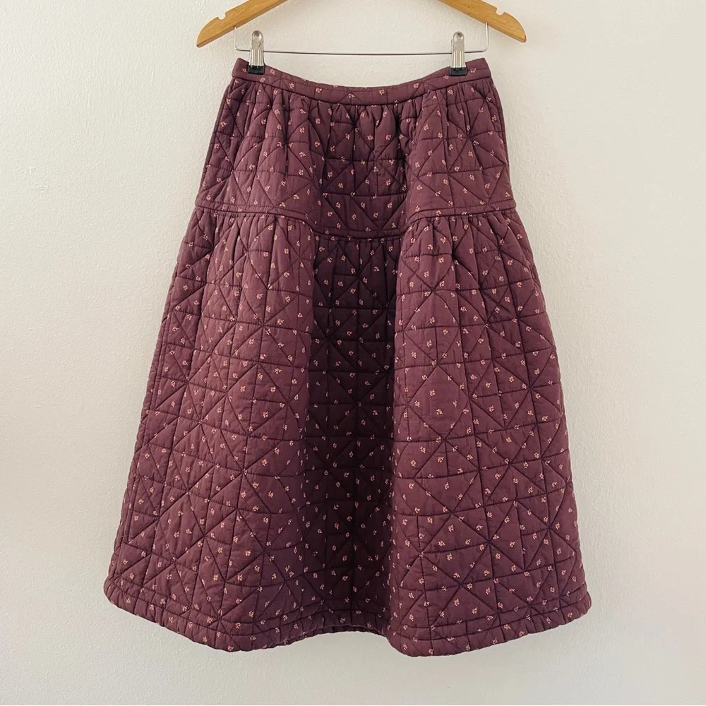 Madewell Quilted Crinkle Floral Midi Skirt - Brown Chocolate Raisin - Picture 6 of 8